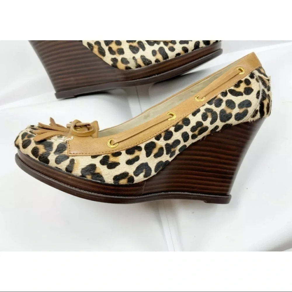 Sperry Sz 7.5 M Leopard Calf Hair Brown Leather Wedge Loafer Boat Shoe Kiltie